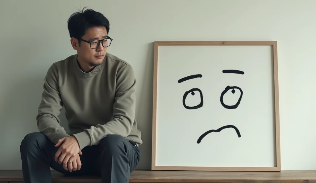 Give me a middle-aged Korean guy with glasses sitting on the left side next to the image of an empty square with a sad face 
