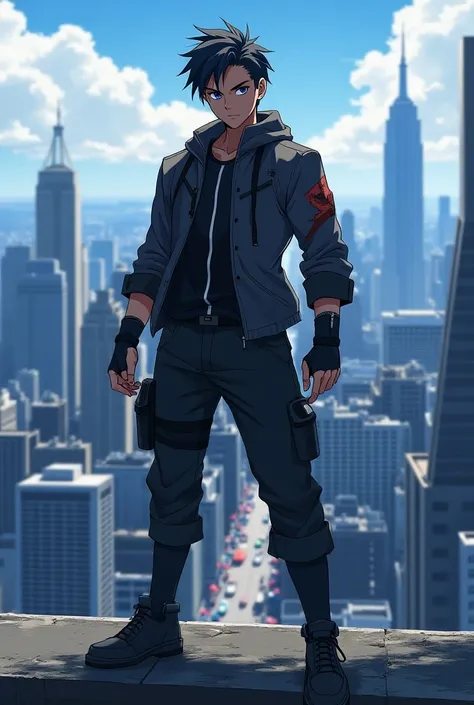 Anime young man with shadow power standing on building