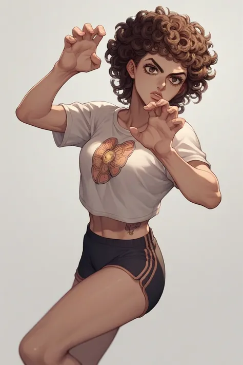  A female anime character with short curly hair,  Female anime character with dark brown eyes and a short curly tattoo in the center of her neck  , boxer, Jojo pose
