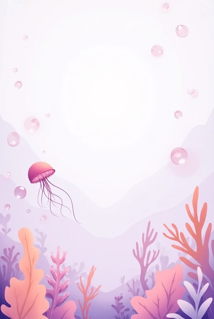 "Underwater scene in a soft watercolor style, with a calm and serene atmosphere. The background is filled with various shades of lilac, creating gentle wavy patterns to convey a sense of depth and underwater movement. In the foreground, sea plants in paste...