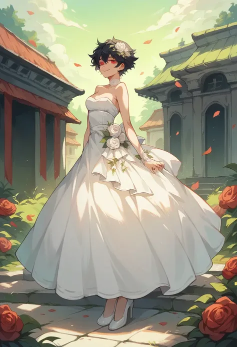 Woman with red eyes with a psychopathic smile, Short and messy black hair, with a white wedding dress , with a generous neckline and a skirt full of details and white high heels on an altar with a landscape with forests   .