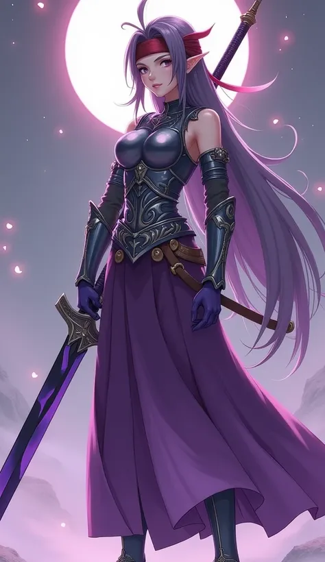   masterpiece  ,best quality,height,ultra-detailed,Yuki (star),Pointed ears,Long hair,Ahogge,red headband, Leonard , Purple Open Shoulder Steel Armor, Purple Sleeve ,Split arm,Purple gloves,  Classic Purple Longsword ,belt,Long skirt,(Purple Skirt :1.2),Bo...