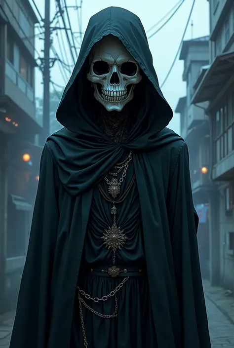  A teenager dressed as death wearing a skull mask, in anime style