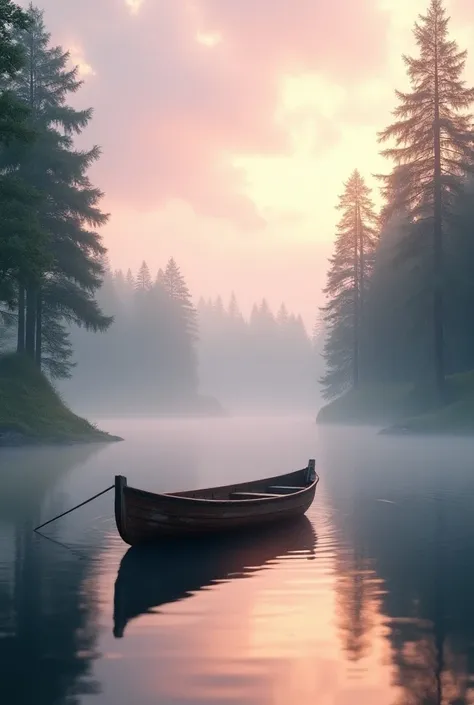 A serene landscape at dawn, with soft mist rolling over a calm lake surrounded by tall pine trees. The sky is painted in hues of pink, lavender, and gold, with the first rays of sunlight breaking through the branches. A small wooden boat drifts quietly on ...