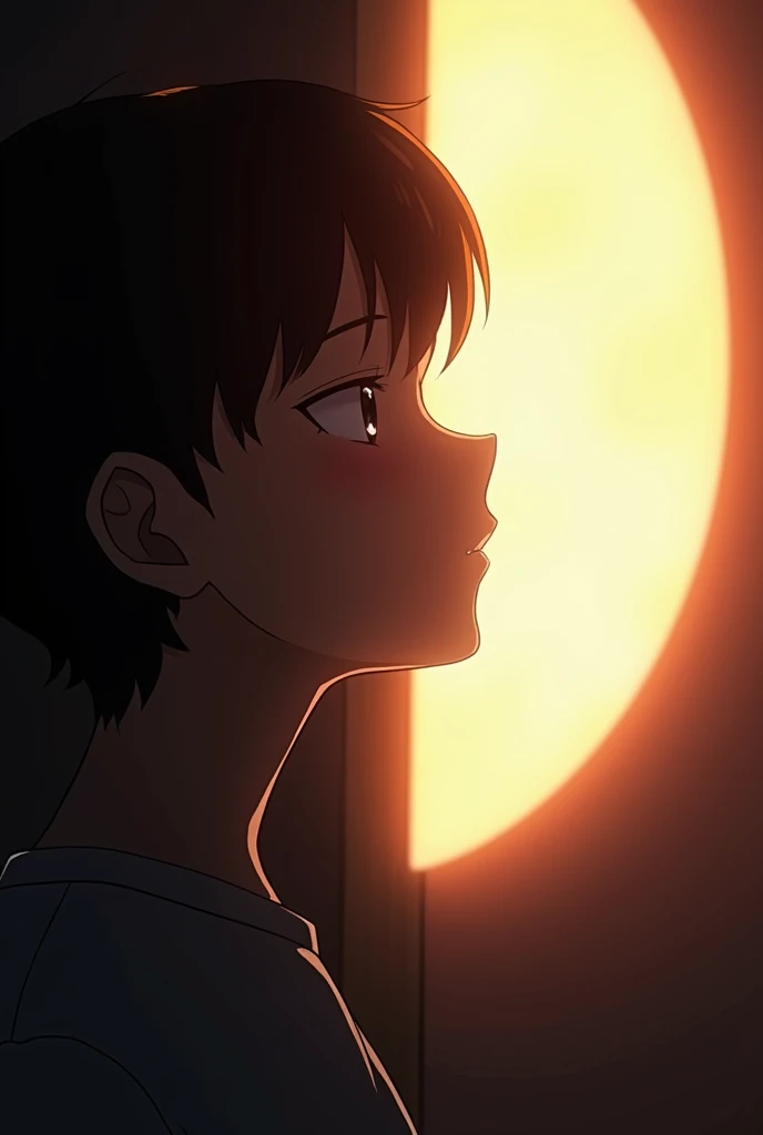 Create an image in the style of Makoto Shinkai A person squinting and blinking in response to a bright light, with the light source shown in the background.