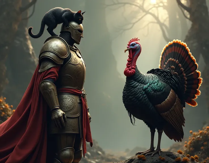 Dark Souls Sun Knight has a cat on his head，On the opposite side is a turkey 