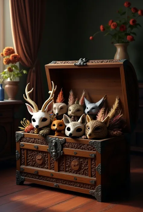 Trunk with masks
 Of animals for ren 

