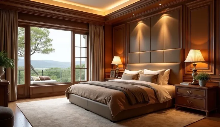  A brown bedroom in a luxurious room