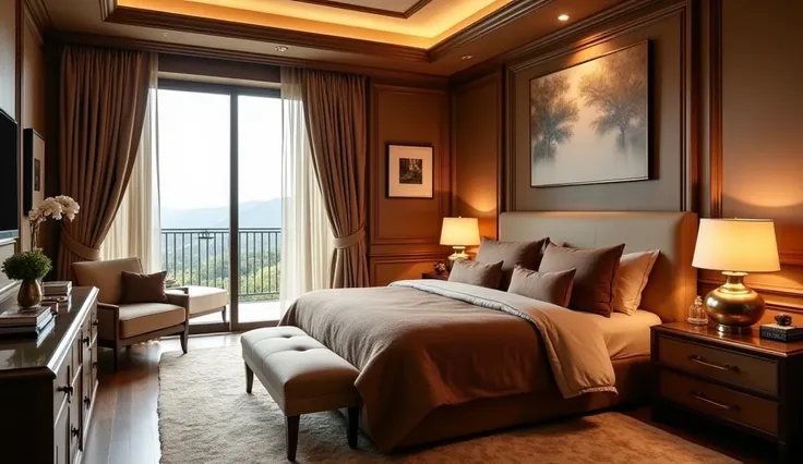  A brown bedroom in a luxurious room