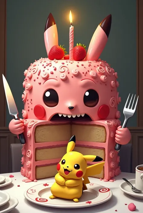 A strawberry birthday cake holding a knife and fork， is eating Pikachu on the dinner plate