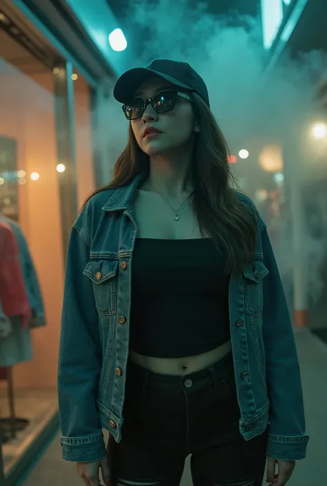 A portrait of a Thai woman with an intense expression, wearing a black backwards cap and sunglasses. She is dressed in a denim jacket over a black wide-neck shirt, paired with black jeans that are ripped just above the knees. Standing in front of a trendy ...