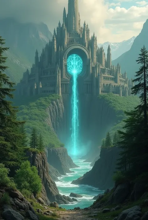 city of asgard with all the gods and creatures that inhabit it with forests and weapons of the gods and the portal that gives access to the city 