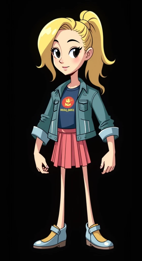 SASHA WAYBRIGHT, BLONDE HAIR, PONYTAIL, BLACK EYES, MOLE UNDER EYE,
BLUE SHIRT, LOGO ON SHIRT, PINK SKIRT, PLEATED SKIRT, DENIM JACKET,
SHORT SLEEVES