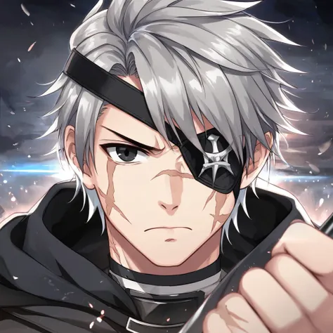 Male, medium grey hair, black eyes, wearing eye patch made of ice, wearing assassin cloak, holding magical ice daggers, serious facial expression, has scars on face.