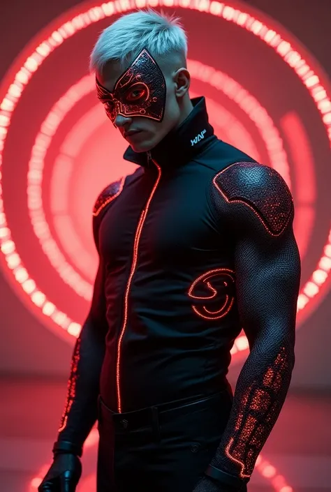 Photorealistic, Portrait of a handsome young man with short hair, silver gray, full nude, full body, SXR sci-fi style, glowing red, high-tech, standing in a glowing dome, shot. The SXR brand has an exotic and modern design, characterized by sleeves./ glove...