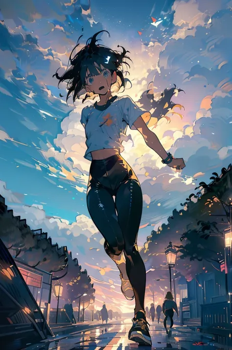 sfw,Best Quality,  official art, masterpiece,(1 person:2.0), Neutral Mens ,( flat chest:1.3),(7 heads), Black Hair ,(Bob Cut Hair),(running:1.5), sportswear,(stretchy leggings:1.5), sneakers , Short Sleeve Shirts,( Miniskirt),marathon course ,garden,Dynami...