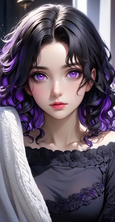 a girl, black curly hair, violet eyes, hd, semi-realistic, lots of detail