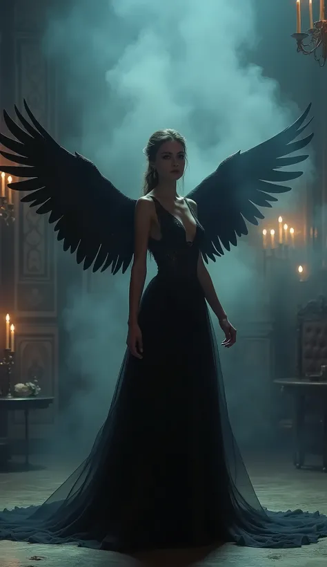 On a dimly lit stage, a beautiful young woman is performing, wearing a dress designed to resemble black raven wings. The dress flows elegantly, giving her the appearance of a mystical bird. The atmosphere is filled with smoke and soft lighting, complemente...