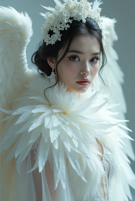 A beautiful woman, completely black eyes that resemble owl eyes, gray lips, she wears dazzling white clothes, with white feathers, White skirt with white feathers, 