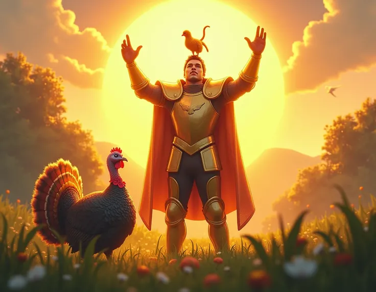 The Knight of Sunlight, with a cat perched atop his head, is striking the Praise the Sun pose in front of a turkey.