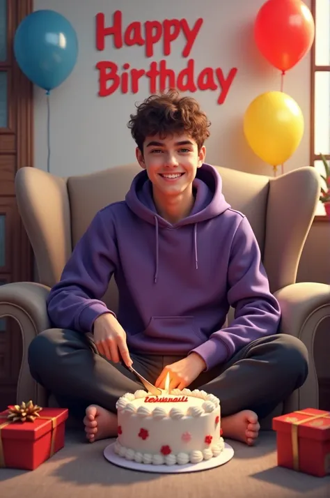 
Create a realistic a profile picture where a 20 year old Boy is cutting his birthday cake facing forward in smiling face, purple hoodie, Sitting casually on a Wingback Chair There are giftsIying on the ground along both sides of the chair. and the cake is...