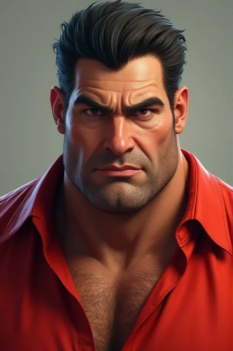  Robust man in a red shirt, short straight hair ,and black, big eyes,thick eyebrows,Brown eyes,Test Güero ,thick lips