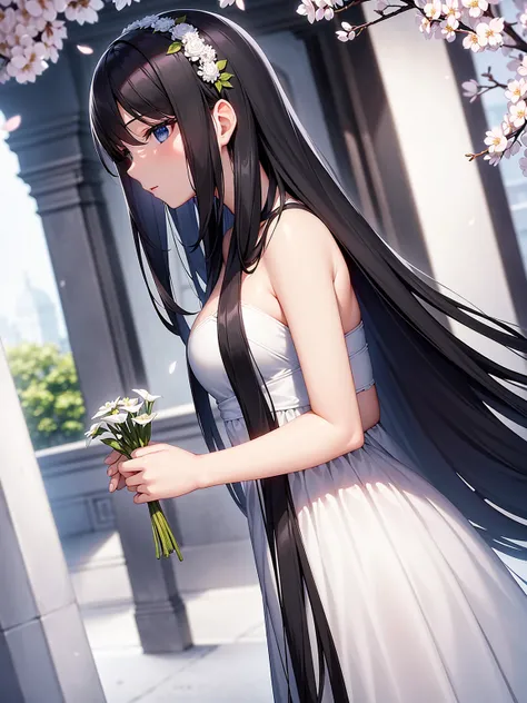     Black Long Straight Hair,    Wedding Dress，  white dress,    blue eyes，  Holding flowers  , healthy skin, Outdoor scenery, Cherry Blossoms Flying,  Bright natural light     ,     The sun shines in from the top left,   A warm and gentle atmosphere  , Si...