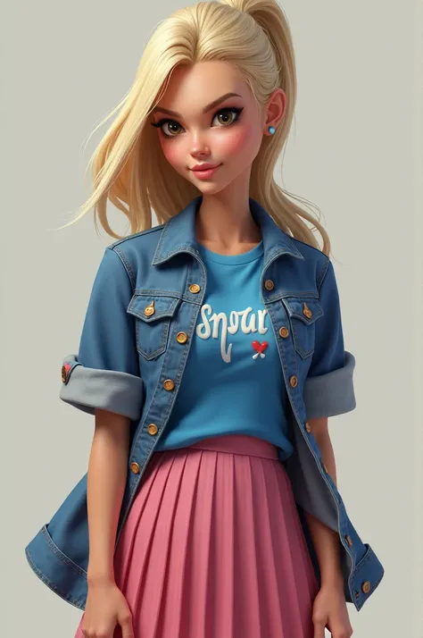 SASHA WAYBRIGHT, BLONDE HAIR, PONYTAIL, BLACK EYES, MOLE UNDER EYE,
BLUE SHIRT, LOGO ON SHIRT, PINK SKIRT, PLEATED SKIRT, DENIM JACKET,
SHORT SLEEVES