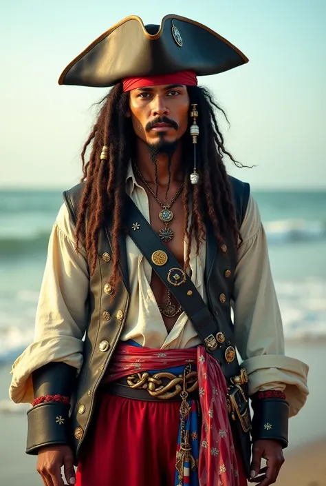  A Brazilian-looking person ,  with brown skin and striking features ,  wearing the iconic outfit of Jack Sparrow ,  but with the color palette of the United States flag .  The tricorn hat is stylized with the colors red , white and blue,  with white stars...