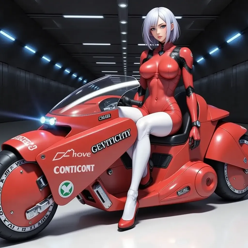 1girl,Sitting,Akira Bike,Lean back,Put your foot forward,Thick eyebrows,android woman,big breasts,Large scooter,Very low seat,Low vehicle height,One step ahead,Akira Bike,high resolution,masterpiece,high quality,masterpiece,high quality, (Photorealsitic:1.4),Raw photo,(super realistic details),portlate,Shadow,Beautiful Skin,detailed face and eyes,Akira Bike Red,cycling,The background is a tunnel drawn by stretching blue hologram lines through a black cyber space:2.0