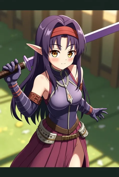   masterpiece  ,best quality,height,ultra-detailed,Yuki (star),Pointed ears,Long hair,Ahogge,red headband, Leonard , Purple Open Shoulder Steel Armor, Purple Sleeve ,Split arm,Purple gloves,  Classic Purple Longsword ,belt,Long skirt,(Purple Skirt :1.2),Bo...