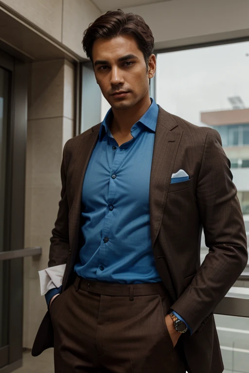 man in blue shirt channel ,  fitted with brown suit and brown pants