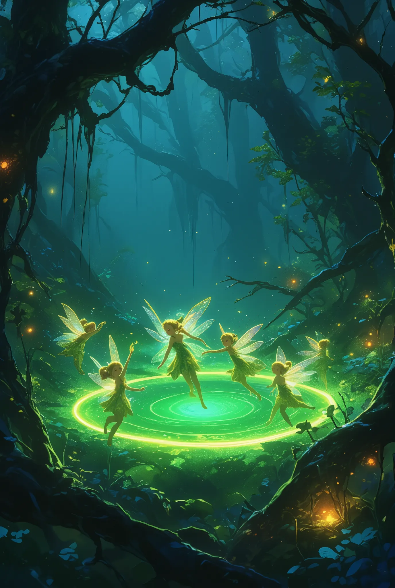 small cute fairies dancing happily upon fairy ring in the dark forest, Lots of shiny fairy dust , glowing green fairy rings