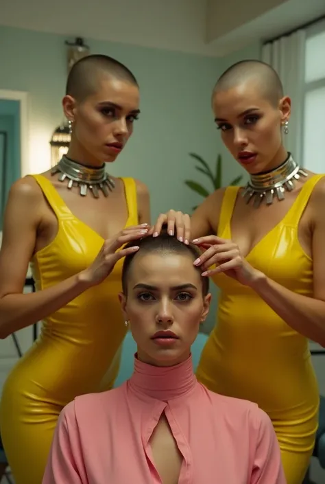 Two beautiful Ukrainian dominants in their 20s shaved  , From Harem ,con uniforme vestidos latex amarillos super escotados y minifalda y metallic pet collar , with scissors cutting the shaved head of a very tearful 18-year-old German woman  .vestido rosado...