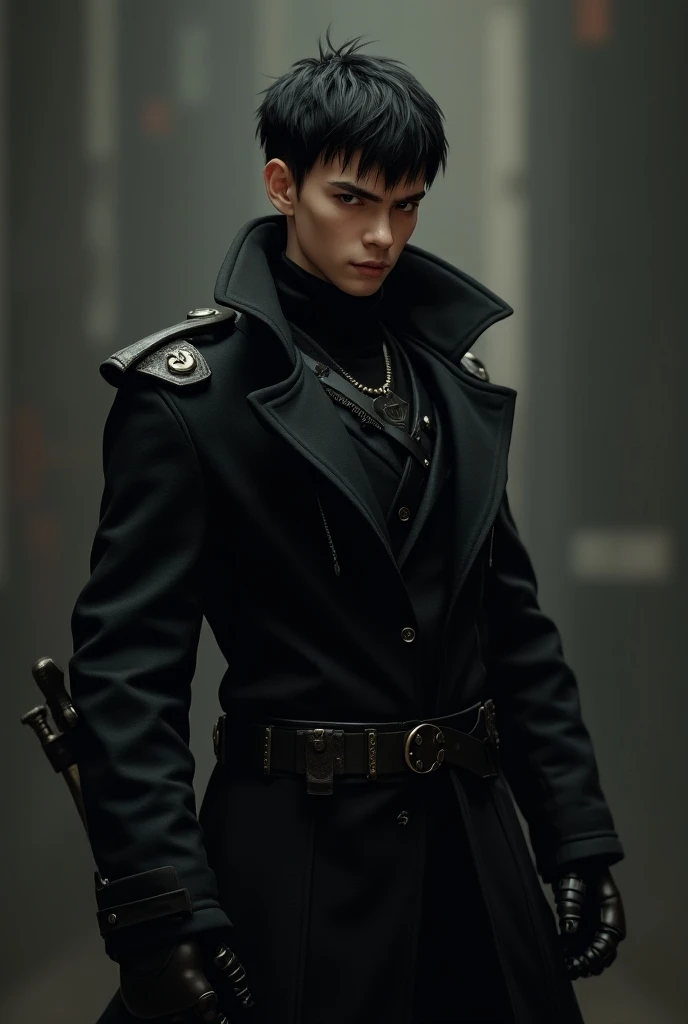 a confident young man, 1 boy, standing, looking directly at the viewer, smiling with an evil grin, very short black hair, wearing all black clothes, a black military coat, black slim armor, black boots, face with a sense of meanness and cunning, slight sen...