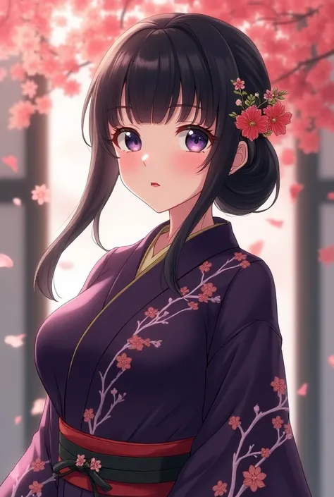 Slender anime woman with noticeably large breasts which are 105 centimetres. She worn her long black hair tied in a low ponytail, which is held in place by a floral tama-kanzashi hairpin. She has big, almond-shaped lavender eyes framed by long eyelashes an...