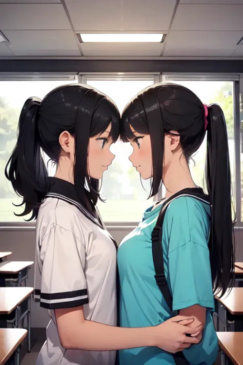 two teenage girls ，equal height，in the classroom， black hair ponytail，  face each other and stare at each other、handを握り合う、お互いにha...