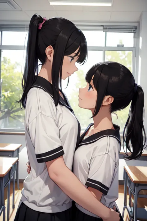 Two teenage girls ，Equal height，In the classroom， black hair ponytail，  face each other and stare at each other、handを握り合う、お互いにhandを握り合う、 hug each other &#39;hand、Hitting the chest， two bodies snuggle up ，Angry expression、 stare at each other 、Photo of two ...