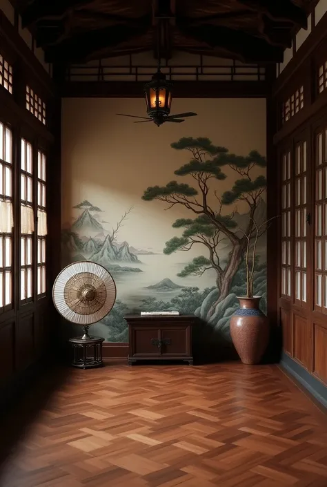 (Chinese interior, , realistic documentary photography, showing history,)Room, front of perspective, fan detail, porcelain fan jun, parquet floor, calm elegance, auspicious cloud mural,