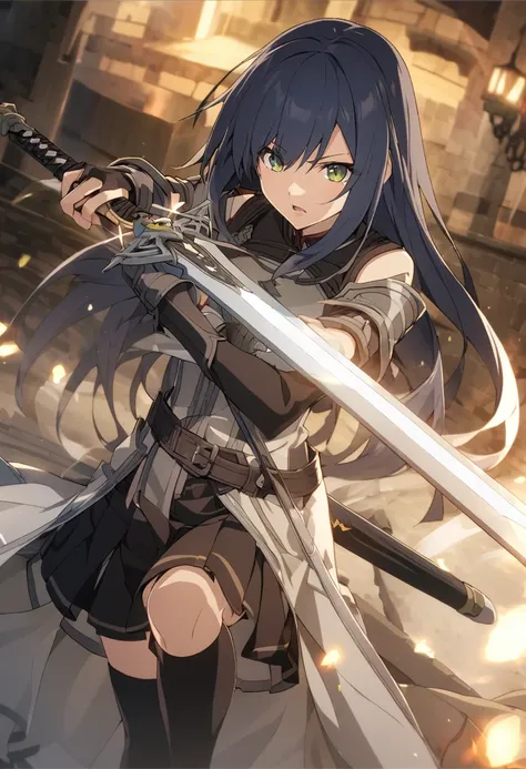 masterpiece, 最高品質ï¼Œ ï¼Œ 1人of女of子, arms, sword, 独自of, length_hair, Chest当て, keep, keep_arms, keep_sword, armor, 棕色of_hair, Weaving,  Knee Socks, ofみ_ Shoulder , 棕色of_eye, skirt,  sword camera, of_sleeve , sheath, 白色of_skirt, 白色of_ Knee Socks, 红色of_skirt, D...