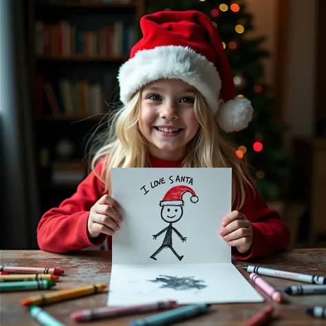 A heartwarming yet slightly unsettling photo of a young blonde teeny girl wearing a Santa Claus hat, displaying a hand-drawn picture of a stick figure adorned with a hat and a beaming smile. The caption, penned on the paper, reads I LOVE SANTA. The  is sea...