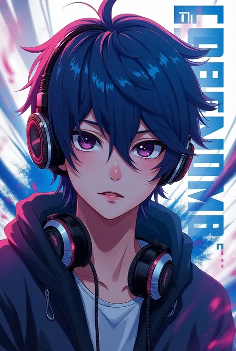 Realistic Anime boy in blue and purple with headphones 🎧 text written in capital letter, legend OP 2 