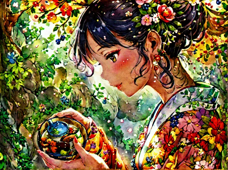 Fairy tale illustration by Reiko Ikemura, pixabay,  simple art , full color illustration, cute fairy tale illustration, picture book illustration, illustration,  Miyazaki Hayao style tea picking girl , Closeup of a beautiful Korean woman with , kimono, kim...