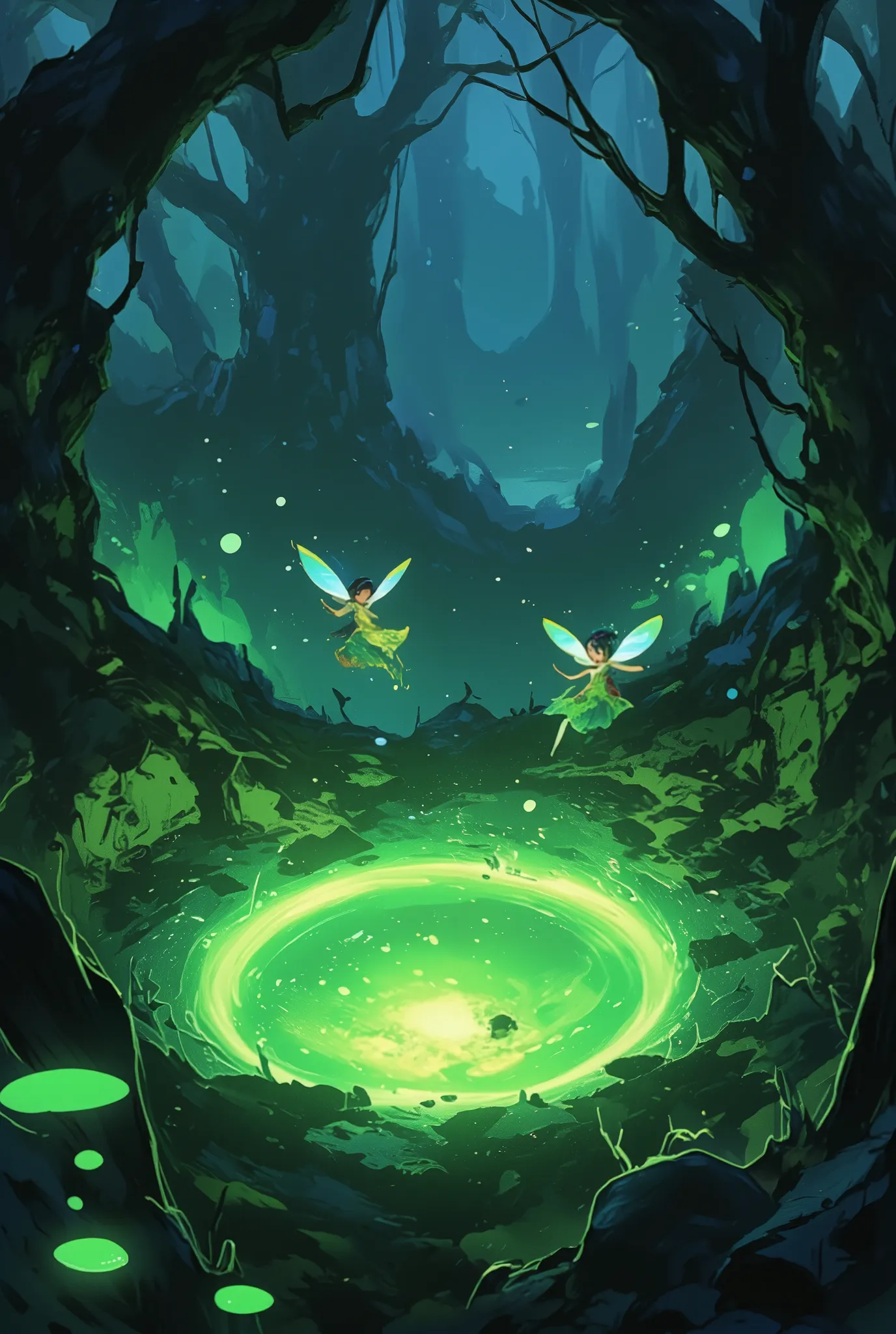 small cute fairies dancing happily upon fairy ring in the dark forest, Lots of shiny fairy dust , glowing green fairy rings