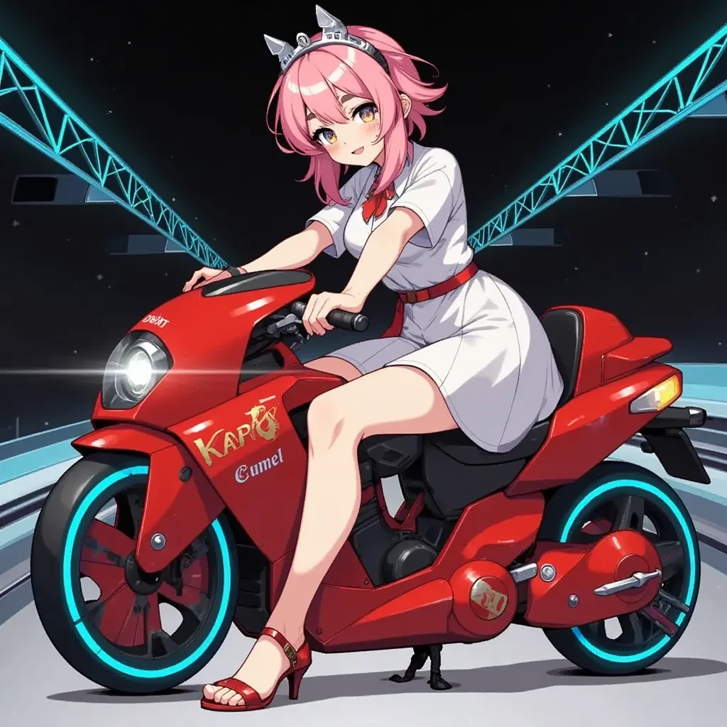 1girl,Sitting,Akira Bike,Lean back,Put your foot forward,Thick eyebrows,sheep girl,Pink Hair,Large scooter,Very low seat,Low vehicle height,One step ahead,Akira Bike,high resolution,masterpiece,high quality,masterpiece,high quality, (Photorealsitic:1.4),Raw photo,(super realistic details),portlate,Shadow,Beautiful Skin,detailed face and eyes,Akira Bike Red,cycling,The background is a tunnel drawn by stretching blue hologram lines through a black cyber space:2.0