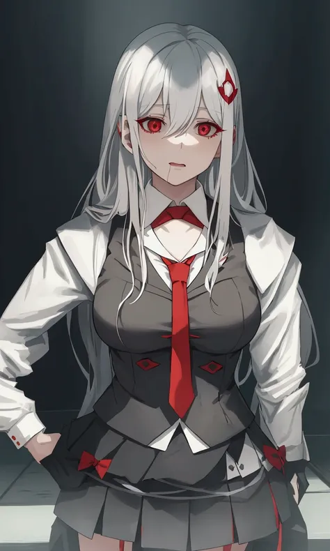  girl with long white hair and red tie standing ,gapmoe yandere, gapmoe yandere grimdark, portrait gapmoe yandere grimdark, yandere, yandere. tall, fine details. girls ,4k,8k