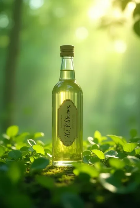 E-commerce booth，A glass bottle of drink with a beautiful package design， is dotted with tender green leaves， bokeh， Create a dreamy atmosphere 