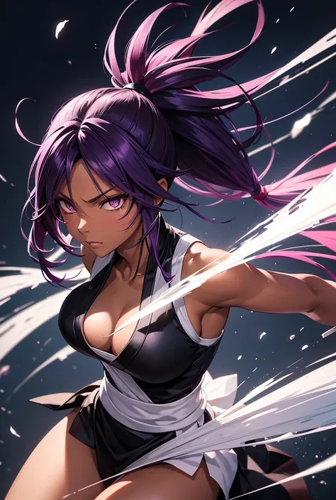 A beautiful detailed portrait of Shihouin Yoruichi from the manga Bleach, long violet hair in a ponytail, realistic style, dark skin, dynamic pose wielding a cannon, highly detailed, hyper realistic, 8k, masterpiece, photorealistic, physically-based render...