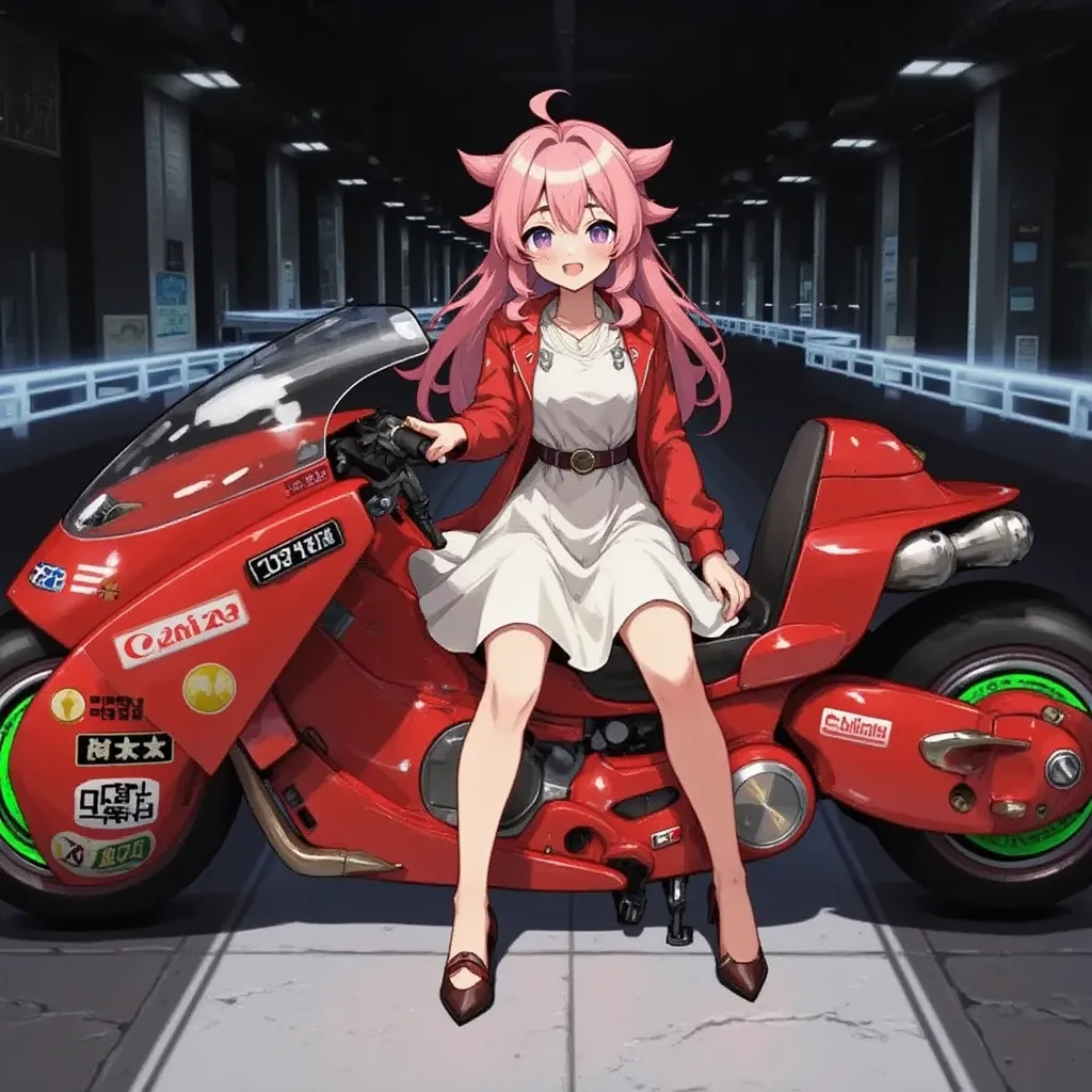 1girl,Sitting,Akira Bike,Lean back,Put your foot forward,Thick eyebrows,sheep girl,Pink Hair,Large scooter,Very low seat,Low vehicle height,One step ahead,Akira Bike,high resolution,masterpiece,high quality,masterpiece,high quality, (Photorealsitic:1.4),Raw photo,(super realistic details),portlate,Shadow,Beautiful Skin,detailed face and eyes,Akira Bike Red,cycling,The background is a tunnel drawn by stretching blue hologram lines through a black cyber space:2.0