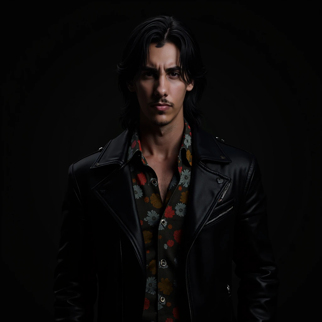 man, medium straight and black hair. floral shirt,  black leather jacket . completely dark background.